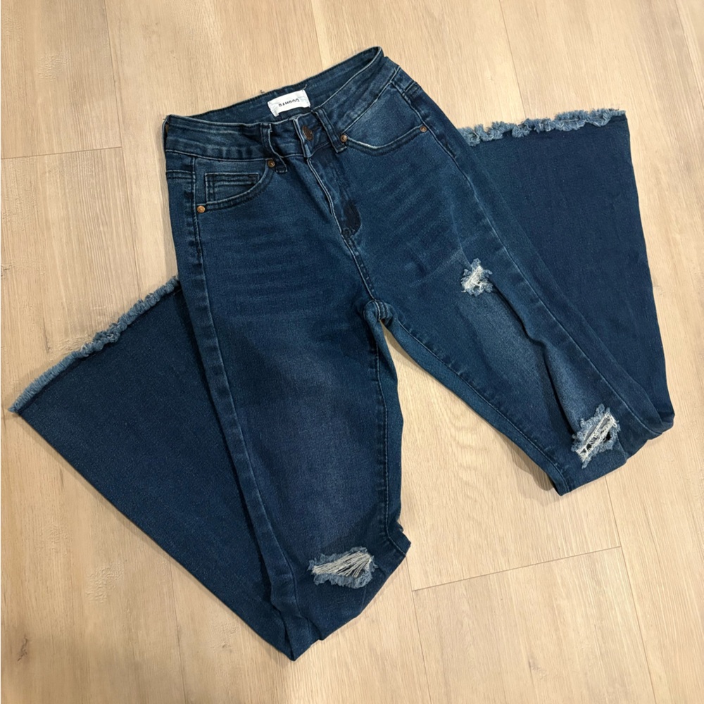 BAMBOO Dark Blue Distressed Wide-Leg Jeans